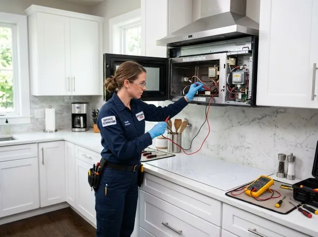 Appliance Repair Hero technician testing an over-the-range microwave in a Barberton, OH kitchen